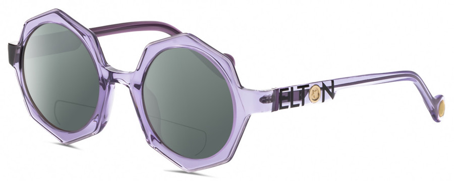 Profile View of Elton John ENCORE Designer Polarized Reading Sunglasses with Custom Cut Powered Smoke Grey Lenses in Purple Crystal Unisex Octagonal Full Rim Acetate 49 mm