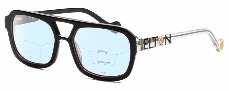 Profile View of Elton John HEADLINER Designer Progressive Lens Blue Light Blocking Eyeglasses in Gloss Black Clear Crystal Unisex Square Full Rim Acetate 53 mm