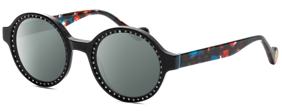 Profile View of Elton John WIZARD Designer Polarized Sunglasses with Custom Cut Smoke Grey Lenses in Black Red Blue Psychedelic Rainbow Multicolor Ladies Round Full Rim Acetate 48 mm