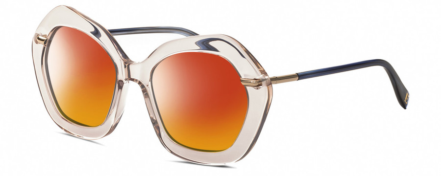 Profile View of Elton John A-LIST Designer Polarized Sunglasses with Custom Cut Red Mirror Lenses in Blush Pink Crystal Navy Blue Gold Ladies Hexagonal Full Rim Acetate 55 mm