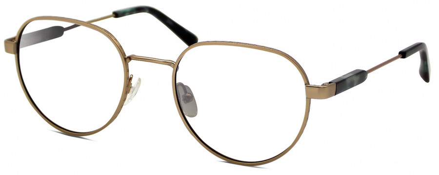 Profile View of Elton John BOHEMIAN Designer Reading Eye Glasses with Custom Cut Powered Lenses in Antique Light Gold Green Blue Tortoise Ladies Oval Full Rim Metal 48 mm