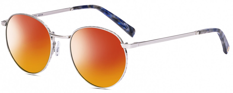 Profile View of Elton John CHOPIN 2 Designer Polarized Sunglasses with Custom Cut Red Mirror Lenses in Platinum Silver Blue Grey Unisex Round Full Rim Metal 50 mm