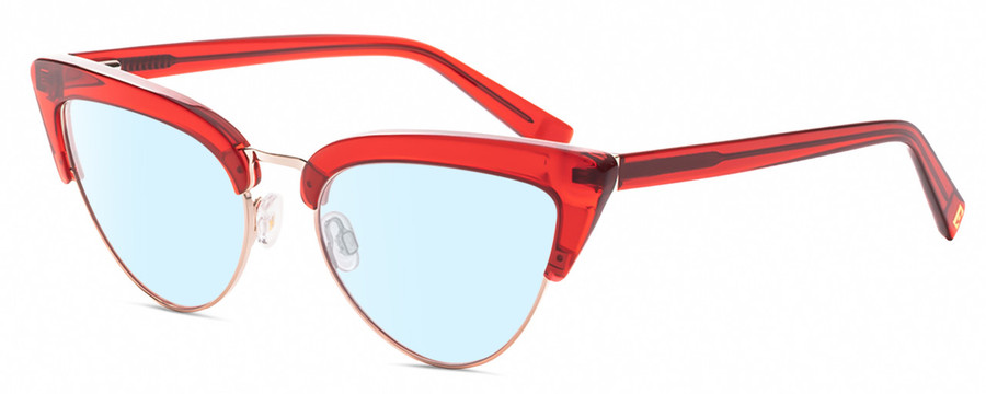 Profile View of Elton John DOO WOP 2 Designer Blue Light Blocking Eyeglasses in Ruby Red Crystal Silver Ladies Cat Eye Full Rim Acetate 54 mm