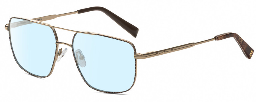 Profile View of Elton John KING Designer Blue Light Blocking Eyeglasses in Shiny Gold Beige Brown Snakeskin Pattern Unisex Square Full Rim Metal 55 mm