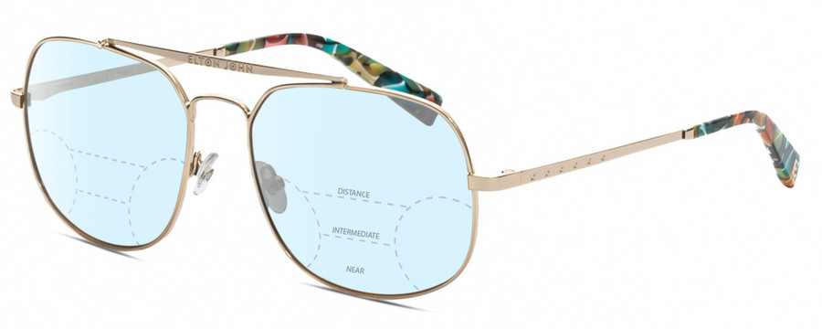 Profile View of Elton John LEMANS 1 Designer Progressive Lens Blue Light Blocking Eyeglasses in Gold Red Blue Psychedelic Rainbow Multicolor Unisex Pilot Full Rim Metal 57 mm