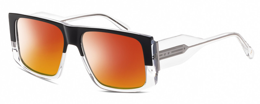 Profile View of Elton John LUCKY STAR 2 Designer Polarized Sunglasses with Custom Cut Red Mirror Lenses in Black Fade Blue Grey Clear Crystal Unisex Square Full Rim Acetate 58 mm