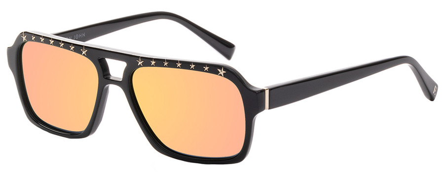 Profile View of Elton John VIP Unisex Square Sunglasses Black/Polarized Yellow Gold Mirror 56 mm