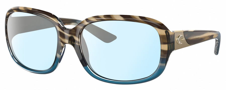 Profile View of Costa Del Mar Gannet Designer Blue Light Blocking Eyeglasses in Shiny Brown Clear Blue Crystal Wahoo Gold Ladies Square Full Rim Acetate 58 mm