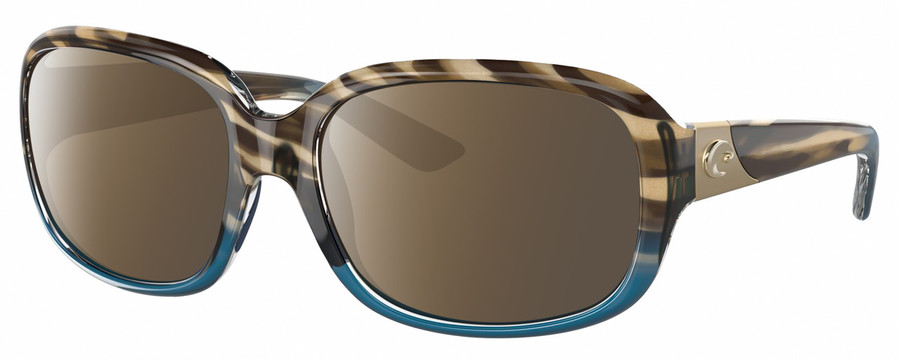 Profile View of Costa Del Mar Gannet Designer Polarized Sunglasses with Custom Cut Amber Brown Lenses in Shiny Brown Clear Blue Crystal Wahoo Gold Ladies Square Full Rim Acetate 58 mm