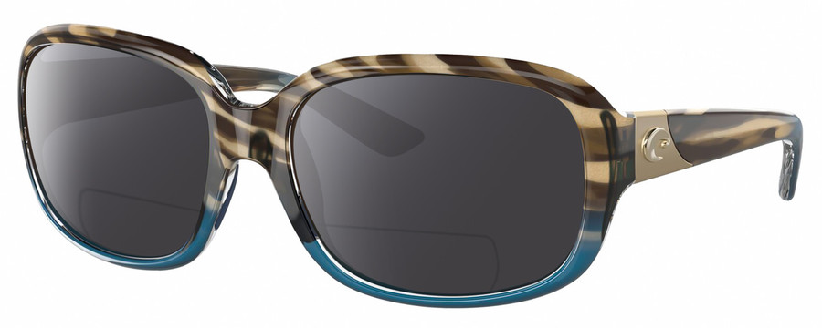 Profile View of Costa Del Mar Gannet Designer Polarized Reading Sunglasses with Custom Cut Powered Smoke Grey Lenses in Shiny Brown Clear Blue Crystal Wahoo Gold Ladies Square Full Rim Acetate 58 mm