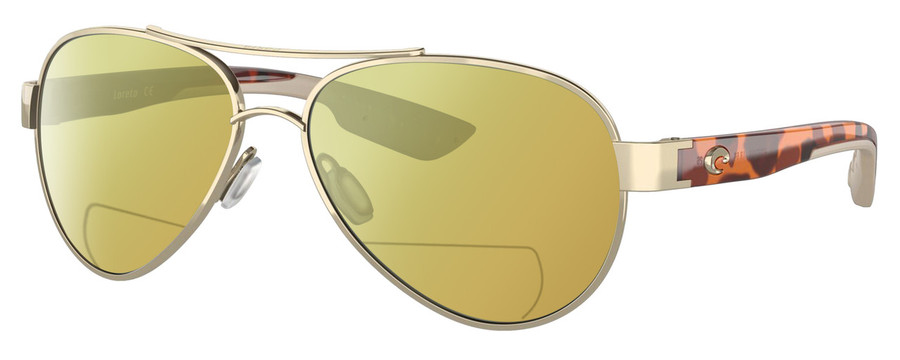 Profile View of Costa Del Mar Loreto Designer Polarized Reading Sunglasses with Custom Cut Powered Sun Flower Yellow Lenses in Rose Gold Auburn Brown Tortoise Havana Beige Ladies Pilot Full Rim Metal 56 mm