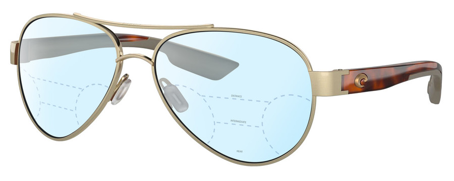 Profile View of Costa Del Mar Loreto Designer Progressive Lens Blue Light Blocking Eyeglasses in Brushed Gold Brown Tortoise Havana Greige Ladies Pilot Full Rim Metal 56 mm