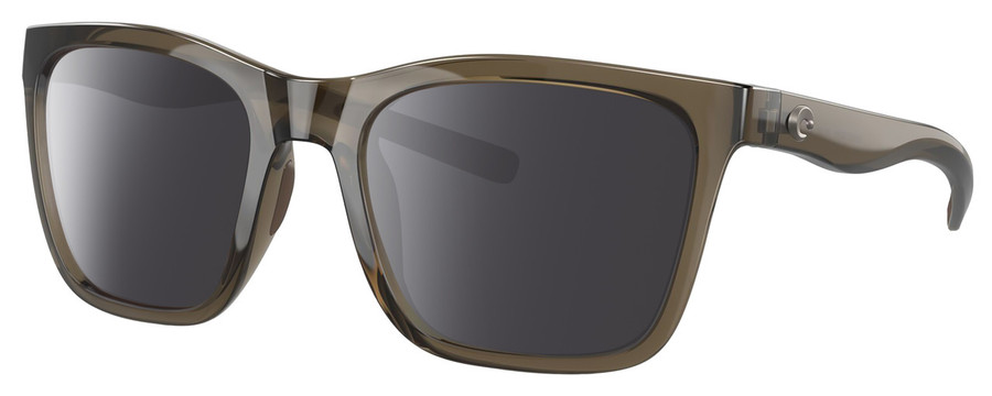 Profile View of Costa Del Mar Panga Designer Polarized Sunglasses with Custom Cut Smoke Grey Lenses in Shiny Taupe Gray Brown Crystal Ladies Cat Eye Full Rim Acetate 56 mm
