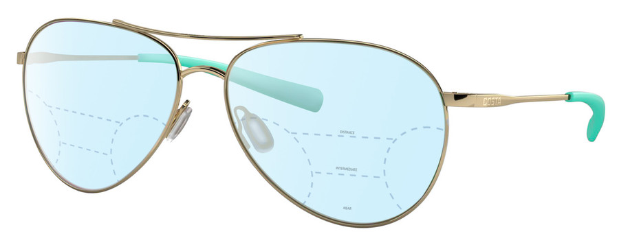 Profile View of Costa Del Mar Piper Designer Progressive Lens Blue Light Blocking Eyeglasses in Shiny Gold Turquoise Unisex Pilot Full Rim Metal 58 mm
