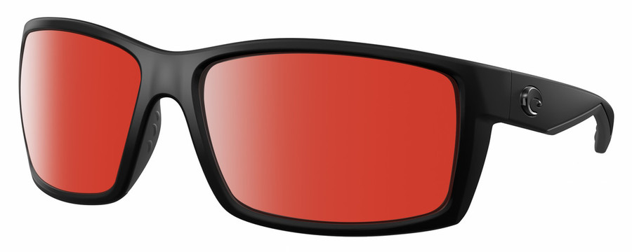 Profile View of Costa Del Mar Reefton Designer Polarized Sunglasses with Custom Cut Red Mirror Lenses in Matte Black Blackout Unisex Rectangular Full Rim Acetate 64 mm