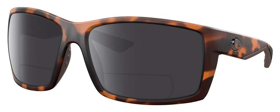 Profile View of Costa Del Mar Reefton Designer Polarized Reading Sunglasses with Custom Cut Powered Smoke Grey Lenses in Matte Amber Brown Retro Tortoise Havana Unisex Rectangular Full Rim Acetate 64 mm