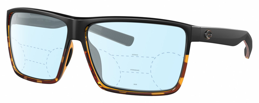 Profile View of Costa Del Mar Rincon Designer Progressive Lens Blue Light Blocking Eyeglasses in Matte Black Shiny Amber Brown Tortoise Havana Unisex Square Full Rim Acetate 63 mm