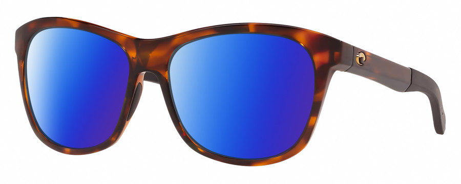 Profile View of Costa Del Mar Vela Designer Polarized Sunglasses with Custom Cut Blue Mirror Lenses in Shiny Amber Brown Tortoise Havana Black Unisex Cat Eye Full Rim Acetate 56 mm