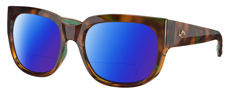 Profile View of Costa Del Mar Waterwoman Designer Polarized Reading Sunglasses with Custom Cut Powered Blue Mirror Lenses in Shiny Palm Brown Teal Green Tortoise Havana Ladies Cat Eye Full Rim Acetate 55 mm