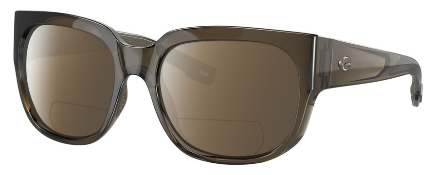 Profile View of Costa Del Mar Waterwoman Designer Polarized Reading Sunglasses with Custom Cut Powered Amber Brown Lenses in Taupe Gray Brown Crystal Ladies Cat Eye Full Rim Acetate 55 mm