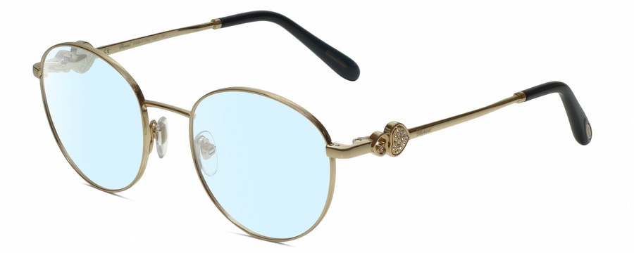 Profile View of Chopard VCHC52S-0300 Designer Blue Light Blocking Eyeglasses in Shiny 23KT Gold Plated/Black/Heart Gemstone Accent Ladies Round Full Rim Metal 51 mm