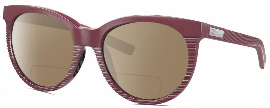 Profile View of Costa Del Mar Victoria Designer Polarized Reading Sunglasses with Custom Cut Powered Amber Brown Lenses in Matte Plum Purple Silver Ladies Cat Eye Full Rim Acetate 55 mm
