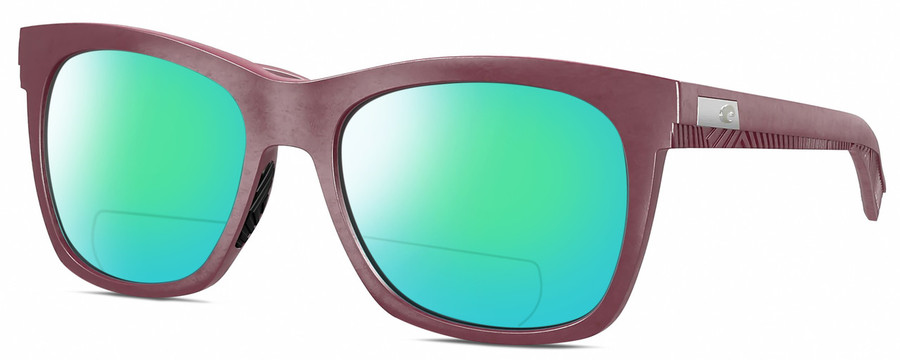 Profile View of Costa Del Mar Caldera Designer Polarized Reading Sunglasses with Custom Cut Powered Green Mirror Lenses in Matte Plum Purple Silver Unisex Square Full Rim Acetate 55 mm