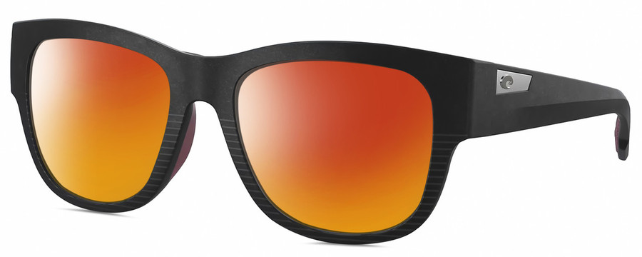 Profile View of Costa Del Mar Caleta Designer Polarized Sunglasses with Custom Cut Red Mirror Lenses in Matte Black Plum Purple Unisex Square Full Rim Acetate 55 mm