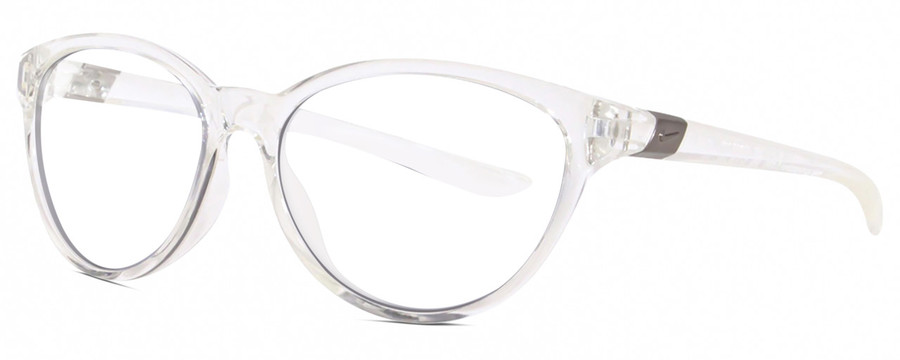 Profile View of NIKE CITY PERSONA DJ Designer Reading Eye Glasses with Custom Cut Powered Lenses in Clear Crystal Shiny Gunmetal Unisex Oval Full Rim Acetate 57 mm