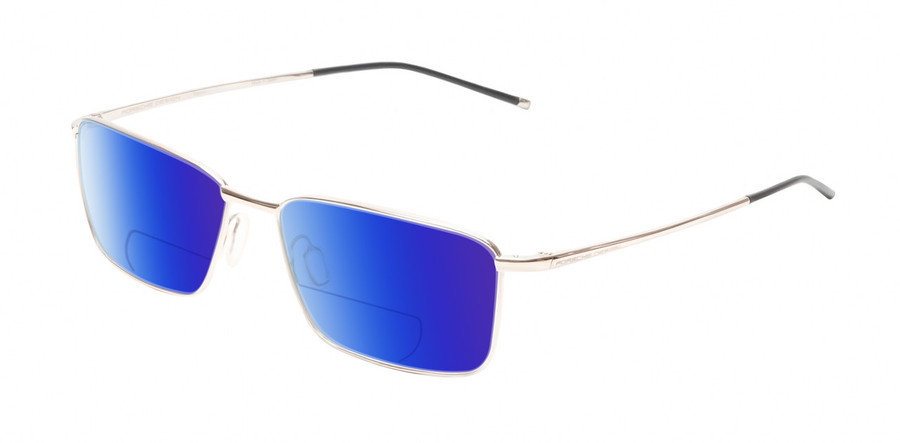 Profile View of Porsche Design P8364 Designer Polarized Reading Sunglasses with Custom Cut Powered Blue Mirror Lenses in Shiny Gold Black Unisex Rectangular Full Rim Titanium 55 mm