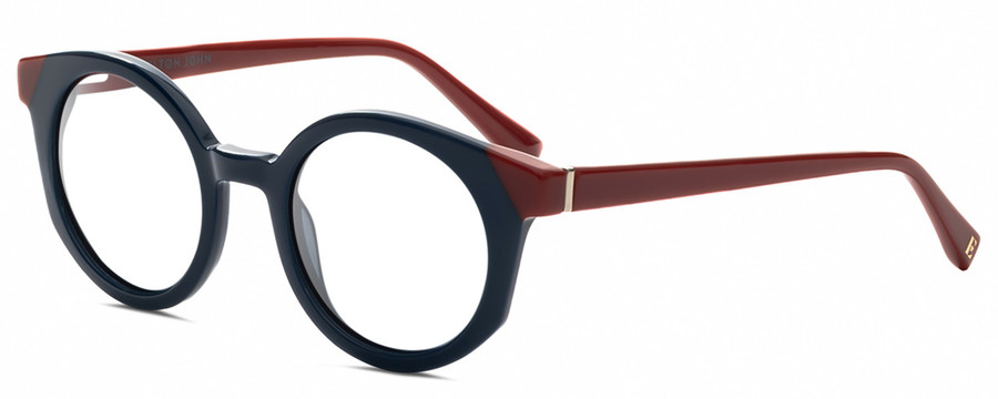 Profile View of Elton John GOGO 2 Designer Bi-Focal Prescription Rx Eyeglasses in Blue Scarlet Red Unisex Hexagonal Full Rim Acetate 47 mm