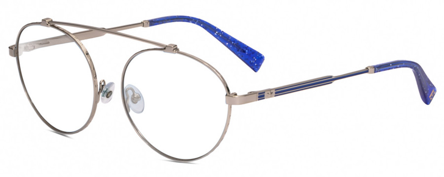 Profile View of Elton John DREAMER 3 Designer Single Vision Prescription Rx Eyeglasses in Platinum Silver Cobalt Blue Glitter Unisex Round Full Rim Metal 54 mm
