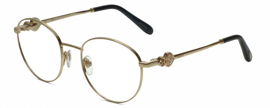 Profile View of Chopard VCHC52S-0300 Designer Single Vision Prescription Rx Eyeglasses in Shiny 23KT Gold Plated/Black/Heart Gemstone Accent Ladies Round Full Rim Metal 51 mm