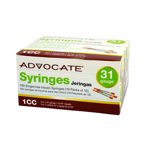 Advocate U-100 Insulin Syringes 31G 1cc 5/16" 100/box