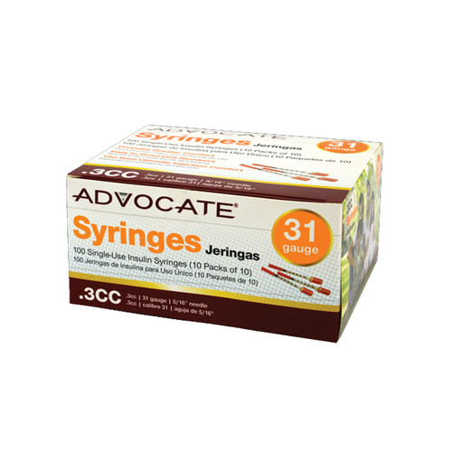 Advocate U-100 Insulin Syringes 31G .3cc 5/16" 100/box