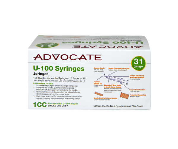 Advocate U-100 Insulin Syringes 31G 1cc 5/16" 100/box