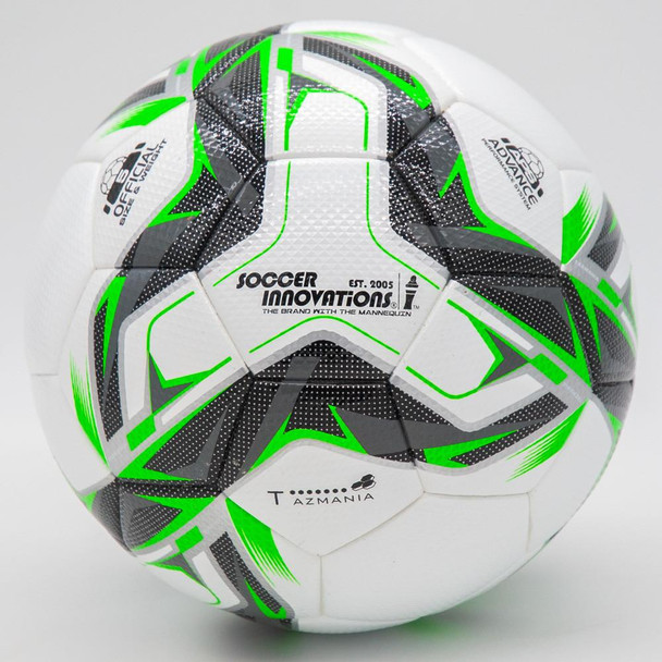 Green Tazmania soccer ball, sizes 4 and 5