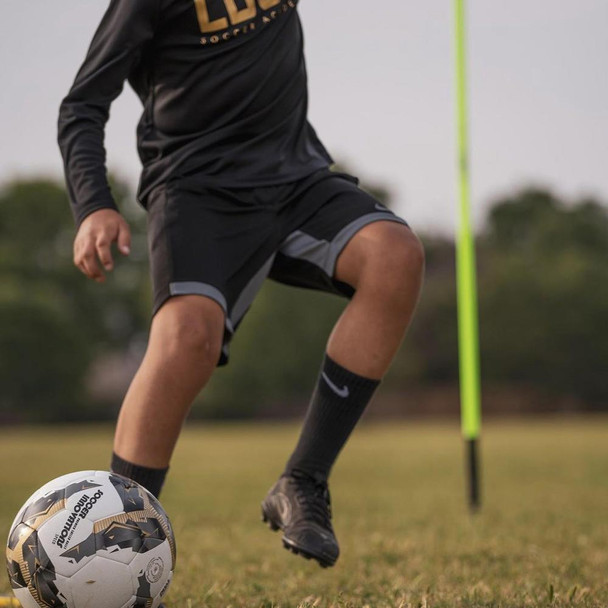 Size 5 NFHS black and gold hybrid soccer ball