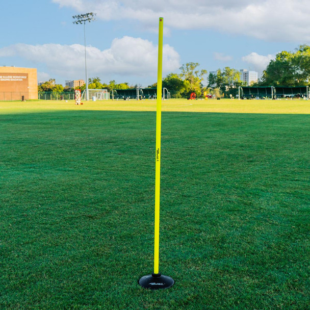 Set of yellow soccer speed training poles with black rubber bases for turf or indoor use, ideal for agility drills and footwork training