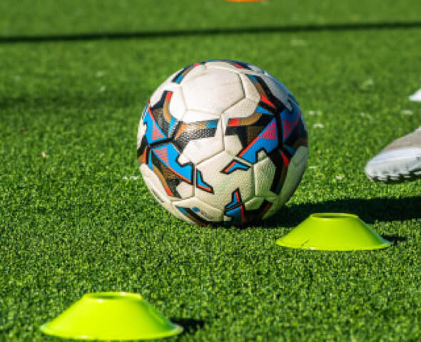 Patterned training ball with neon agility cones on turf