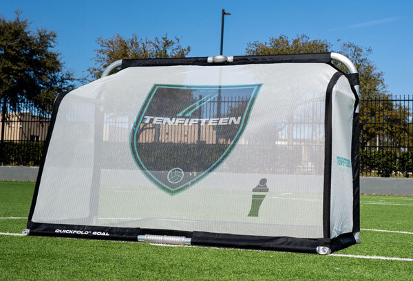 White aluminum folding soccer goal with custom branding