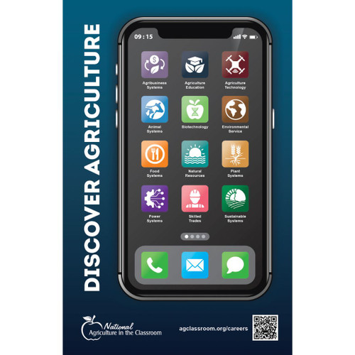 A smart phone with the different agriculture career groups shown as apps.