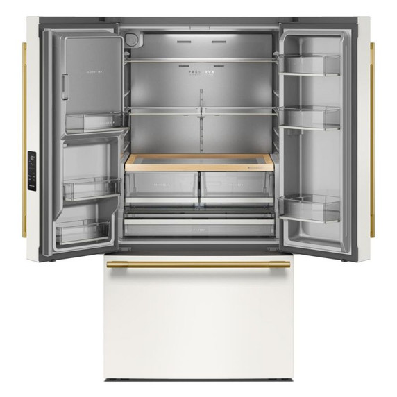 Kitchenaid® 30 Cu. Ft. 36-Inch French Door Refrigerator with Exterior Water and Ice Dispenser and Wood-Look Sliding Tray in Porcelain White KRFF436SPL