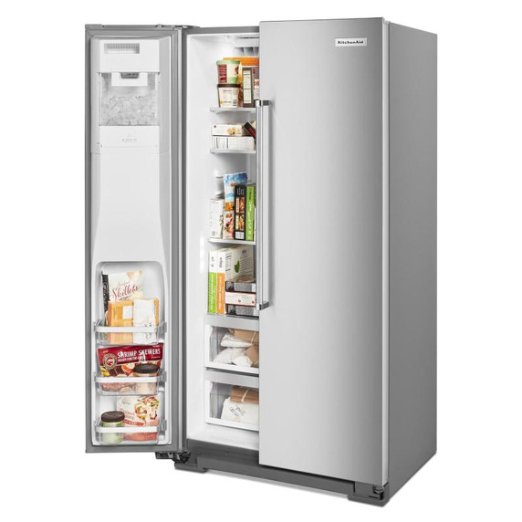 Kitchenaid® 22.6 cu ft. Counter-Depth Side-by-Side Refrigerator with Exterior Ice and Water and PrintShield™ finish KRSC703HPS