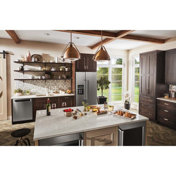 Kitchenaid® 22.6 cu ft. Counter-Depth Side-by-Side Refrigerator with Exterior Ice and Water and PrintShield™ finish KRSC703HPS