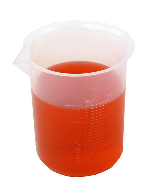 250 ml plastic beaker with red liquid