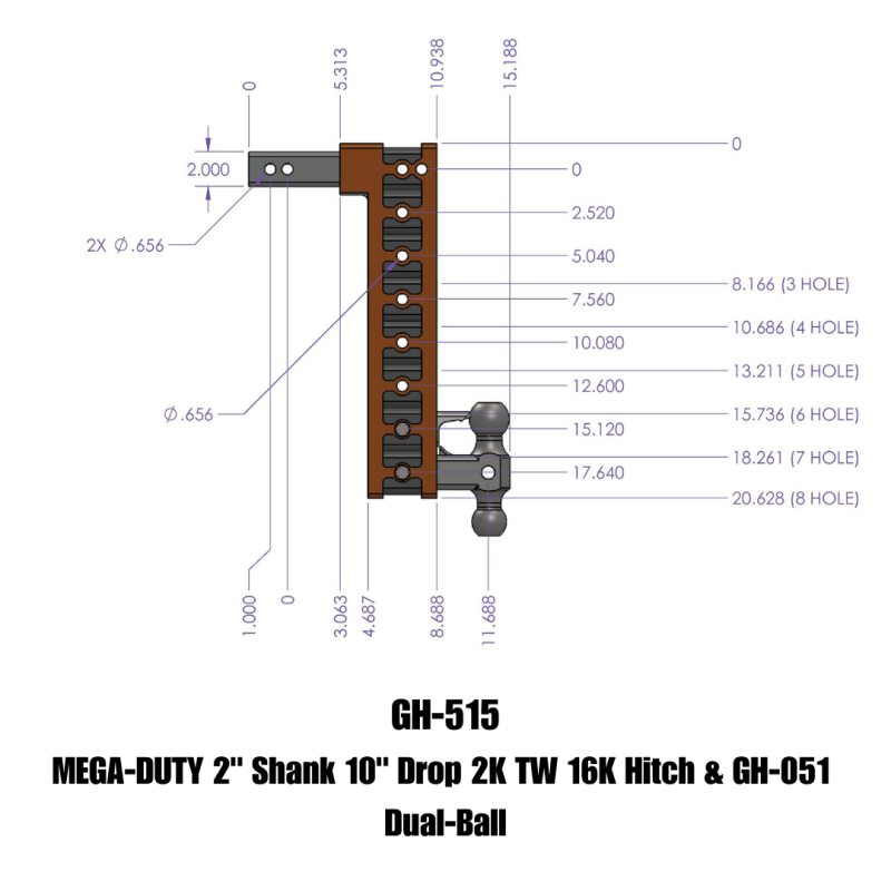 Gen-Y Mega Duty 2in Shank 10in Drop 2K TW 16K Hitch w/GH-051 Dual-Ball - GH-515