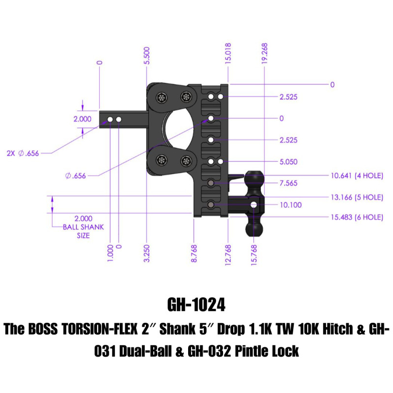 Gen-Y The Boss Torsion-Flex 2in Shank 5in Drop 10K Hitch w/GH-031 Dual-Ball/GH-032 Pintle Lock - GH-1024