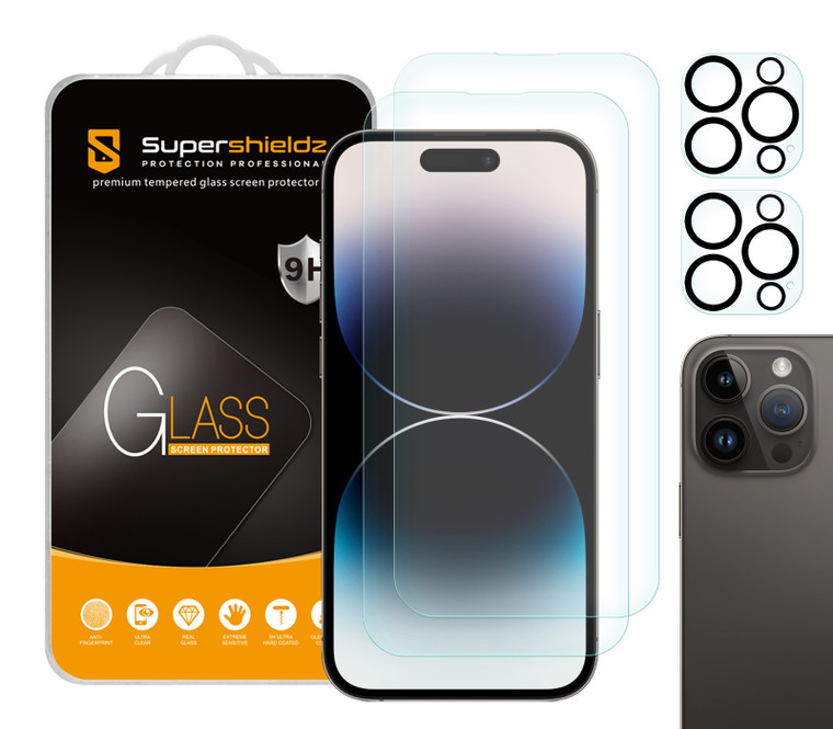 (2 Pack) Supershieldz Designed for iPhone 14 Pro (6.1 inch)+ Camera Lens Tempered Glass Screen Protector, Anti Scratch, Bubble Free