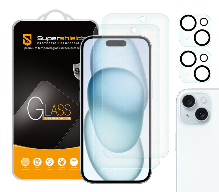 (2 Pack) Supershieldz Anti Glare (Matte) Tempered Glass Screen Protector Designed for iPhone 15 (6.1 inch) + Camera Lens, Anti Fingerprint, Anti Scratch, Bubble Free